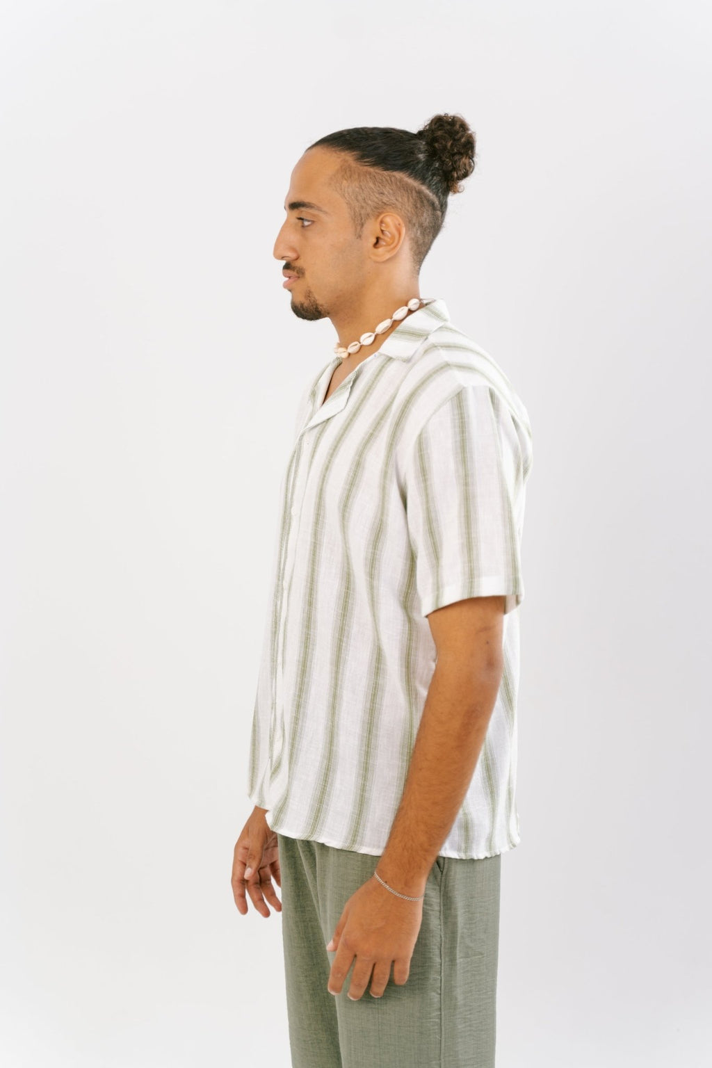 Stripe White X Green Linen Shirt | Men's Shirt by Sash - Clothing