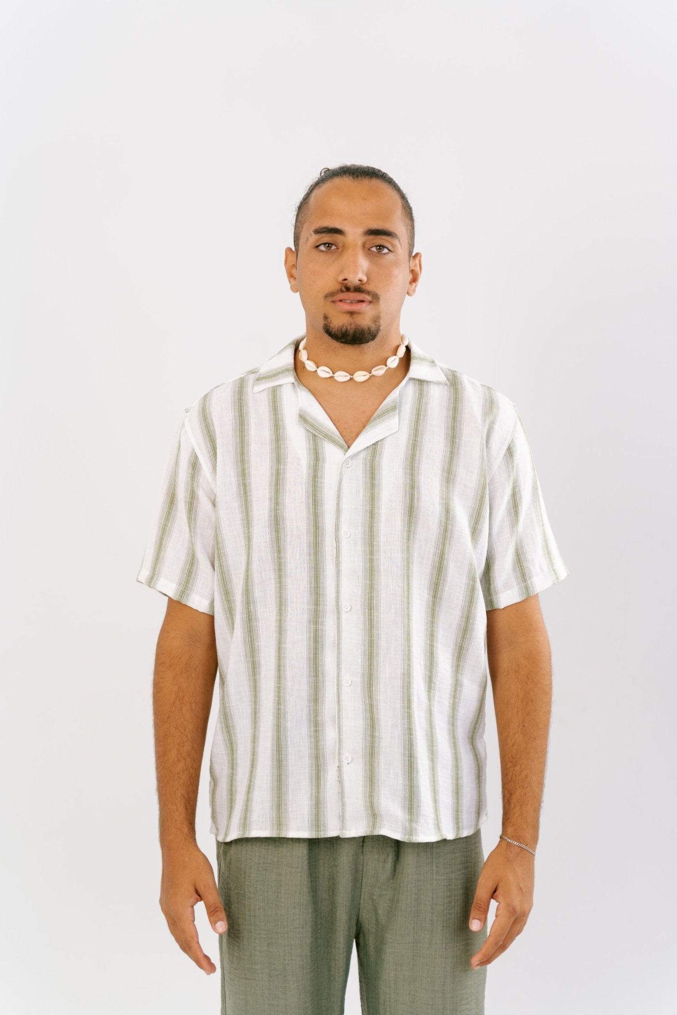 Stripe White X Green Linen Shirt | Men's Shirt by Sash - Clothing