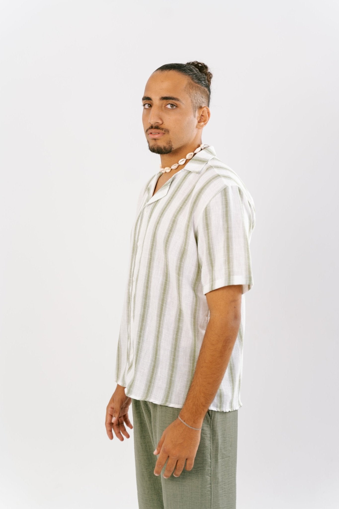 Stripe White X Green Linen Shirt | Men's Shirt by Sash - Clothing